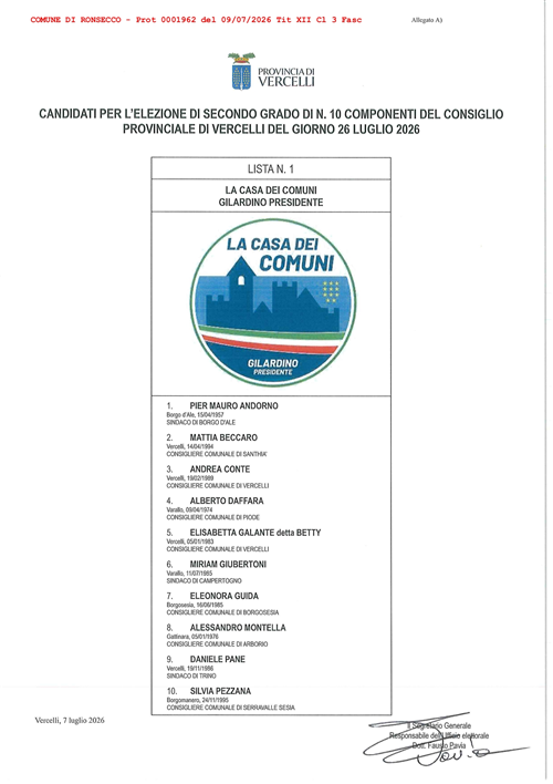 Elezioni provinciali del  26 luglio2026